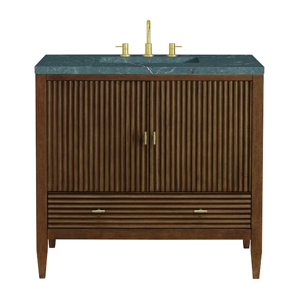 James Martin Vanities 36'' Vanity, Mid Century Walnut w/ 3 CM Parisien Bleu Quartz Top 485-V36-WLT-3PBL - main